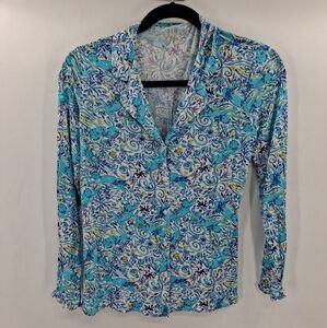 Lilly Pulitzer Women's‎ Large  Ruffle PJ Button Up Top Blue Monkey Sea Long...